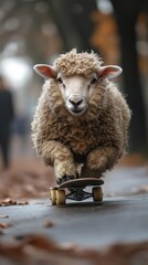 A sheep is riding a skateboard on a paved path. The sheep has wool and a skateboard with wheels. AI.