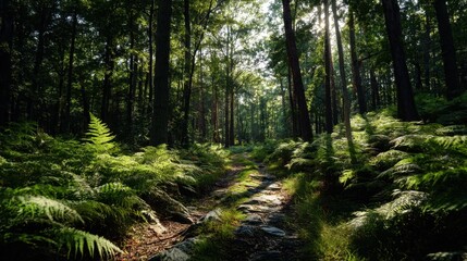 Obraz premium A forest path is shown in the sunlight, with a few trees in the background. Scene is peaceful and serene, as the sunlight filters through the trees and creates a warm, inviting atmosphere