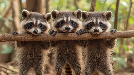Obraz premium Three raccoons with black and white faces are holding onto a branch, looking directly at the camera. AI.