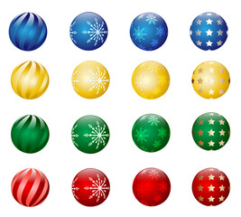Set of 16 Christmas baubles in blue, gold, green and red colors, with snowflakes, stars and stripe patterns, plain round shape without hooks, festive holiday ornaments vector on transparent background