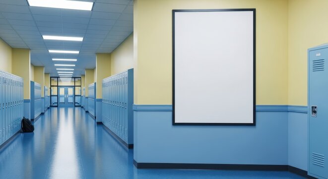 Empty school hallway with lockers and blank poster on the wall mockup - Powered by Adobe