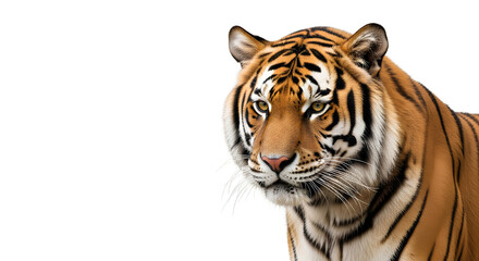 Fototapeta premium Striking close up portrait of a majestic Bengal tiger with intense gaze on white