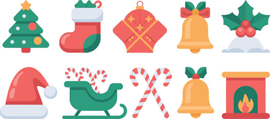 Christmas Icons Set: Tree, Gift, Candy Cane, Ornament, Snowflake, Santa Hat, Sleigh, Bell, Fireplace, Star, Bow, Ribbon, Fire Flame — Clipart Collection