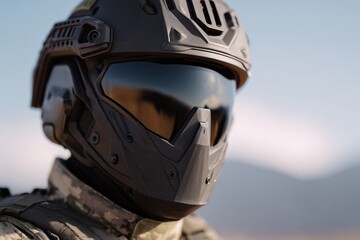 Close-up of a soldier's helmet featuring an integrated HUD, showcasing advanced technology and tactical design in a military context with a blurred background