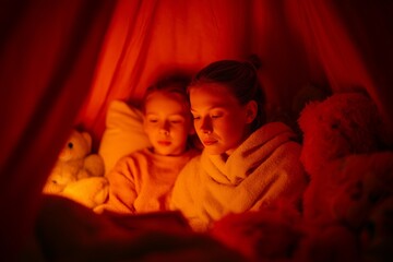 Mother and daughter reading together in a cozy blanket fort, surrounded by soft toys, creating a warm and intimate atmosphere for storytelling and bonding moments