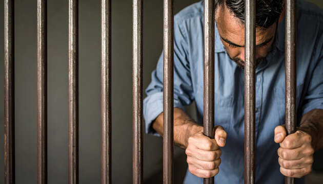 un hombre en prision tras los barrotes de una celda de carcel, concepto de delito, condena y culpabilidad ante la ley