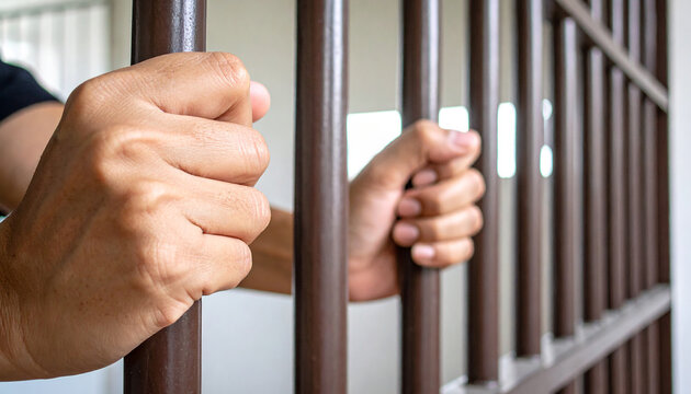 close up de las manos de un reo o condenado en prision agarrado a los barrotes de una carcel, concepto de violacion de la ley y condena por delitos