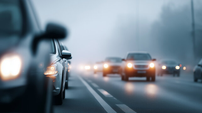 Hazy gray transportation route with vehicles entering obscurity faceless foggy scene defocused soft background cars driving into haze limited visibility weather impaired trave