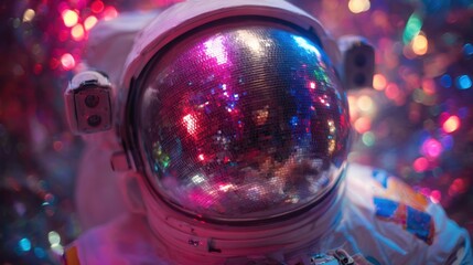 A colorful astronaut with a disco ball on his helmet. The image has a fun and playful mood, with the astronaut's outfit and the disco ball adding to the festive atmosphere
