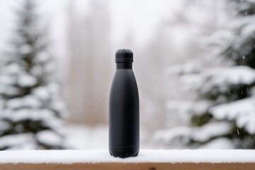 Matte black insulated bottle stands on a wooden surface, surrounded by a snowy landscape, showcasing its sleek design and functionality in a winter setting