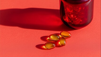 Amber supplement bottle with spilled capsules on vibrant coral surface, showcasing the product's texture and color, ideal for health and wellness concepts with copy space