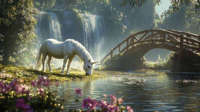 A white unicorn drinks from a river near a small bridge and waterfall surrounded by trees. AI.