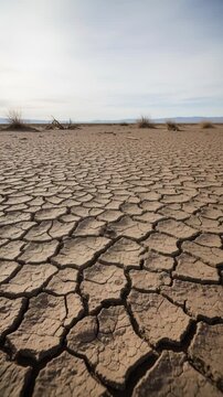 Dry cracked earth patterns on a barren landscape. Wide angle view of a desolate desert environment.