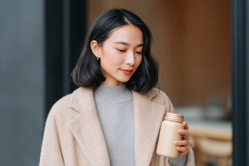 Asian woman in a neutral-toned outfit is holding a golden jar while standing indoors, showcasing a cozy and relaxed atmosphere with soft lighting and modern decor