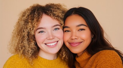 Two happy best friends with curly and straight hair are embracing closely, smiling brightly, showcasing their joyful connection and friendship in a warm, inviting atmosphere