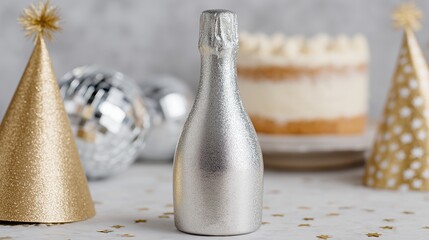 Metallic champagne bottle stands prominently in a festive party scene with golden party hats and a delicious cake, creating a celebratory atmosphere for special occasions