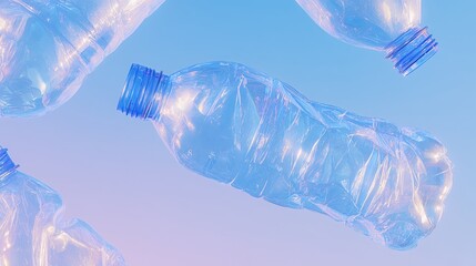 Minimalist overhead shot of empty crumpled plastic bottles on a soft gradient background, showcasing environmental impact and waste reduction concepts