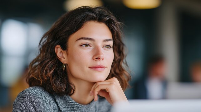 Thoughtful young woman with curly hair, wearing a gray sweater, is contemplating in a modern open plan office, surrounded by colleagues engaged in work activities