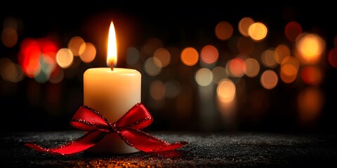Candle with red bow for winter and holiday celebration.

Cozy Christmas candle decor with warm golden light