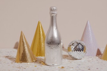 Metallic champagne bottle surrounded by colorful party hats and a disco ball on a festive table, creating a vibrant celebration atmosphere with copy space