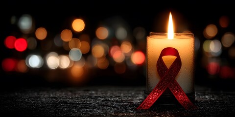 Christmas candle decoration with red bow and festive lights.

Candlelight symbolizing hope and love in a dark background