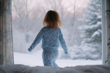 Young girl in snowflake print pajamas stands by window, gazing at winter landscape with snow-covered trees, capturing the essence of a cozy winter morning