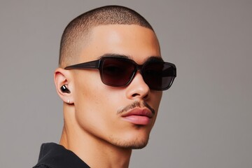 Young urban male with a shaved head and mustache wearing stylish sunglasses, showcasing modern fashion and confident expression in a minimalist studio setting with neutral background