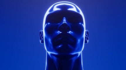 Futuristic humanoid bust rendered in deep cobalt blue, showcasing intricate details and smooth textures, illuminated by soft ambient lighting, creating a striking visual impact