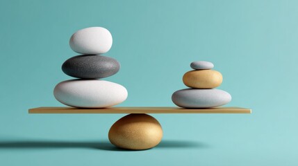 A stack of rocks on a balance scale. The scale is tilted to one side. The rocks are of different sizes and colors. Concept of balance and harmony