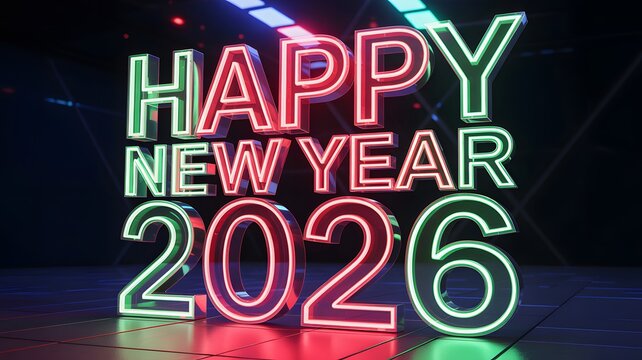 Bright neon happy new year 2026 sign on a dark background