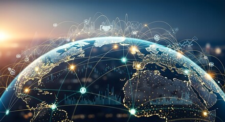 Stunning global business network connecting the world with data, technology and communication for worldwide digital transformation
