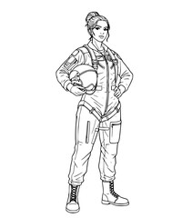Line Art Drawing of a Female Fighter Pilot Holding a Helmet