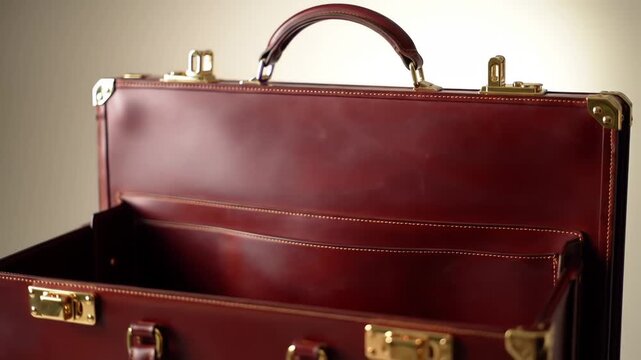 Open red leather briefcase, showing interior compartments, against a neutral background. Ideal for business