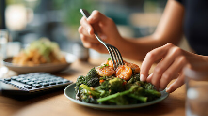 Energy value tallying activity defocused dining background nutritional calculation scene dietary tracking display meal monitoring visualization food value documentation with