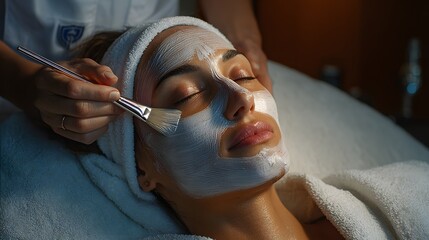 Relaxed woman enjoying skincare treatment at beauty spa.

Spa facial procedure for healthy glowing skin