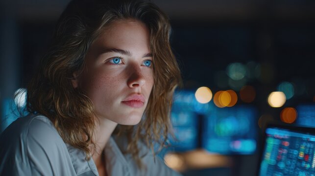 Young woman with intense blue eyes focused on digital screens in a dark tech environment