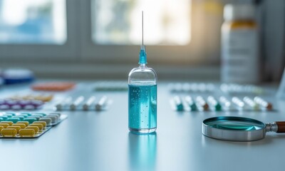 Teal liquid vial, syringe tip, pills, magnifying glass on a white surface