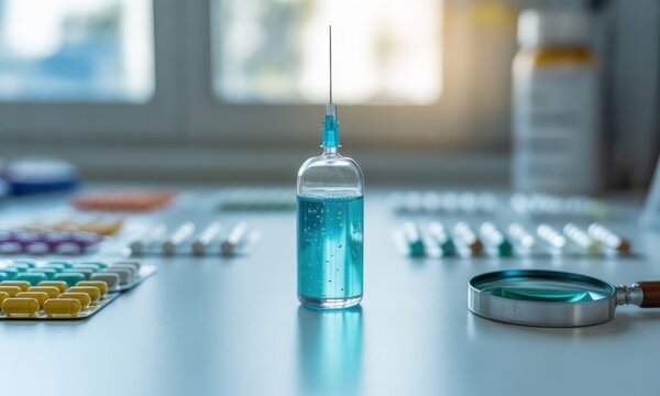 Teal liquid vial, syringe tip, pills, magnifying glass on a white surface