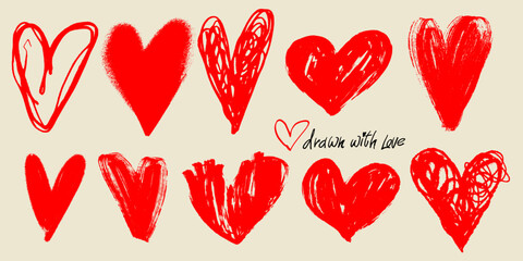 Doodle textured heart set with rough crayon and sketch lines. Trendy grunge hearts for Valentine’s Day, romance artwork, print design, stickers and playful love graphics. Vector illustration.