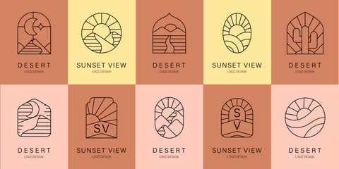 Desert Minimalist Line Art Logo and Icon Set. Bohemian design