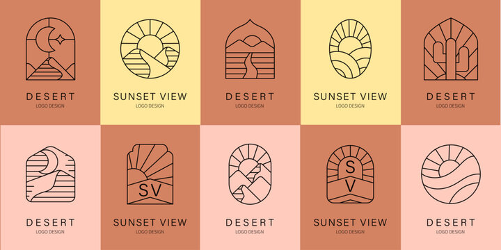 Desert Minimalist Line Art Logo and Icon Set. Bohemian design
