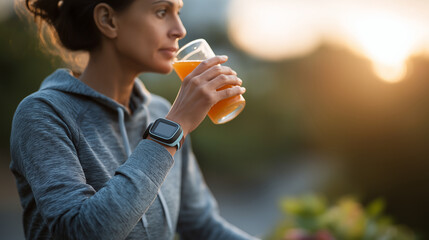 Faceless person utilizing wearable tracker for beverage energy assessment defocused post exercise background fitness monitoring device nutritional tracking technology workout
