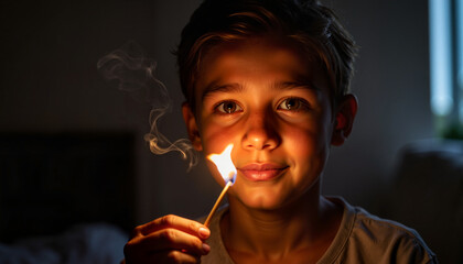Obraz premium Young boy lighting match in dark room, curiosity and focus