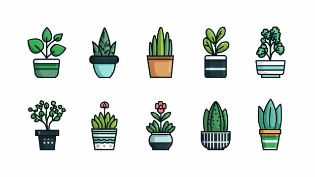 Set of Cute Potted Houseplants Icons in Modern Minimal Line Art Style
