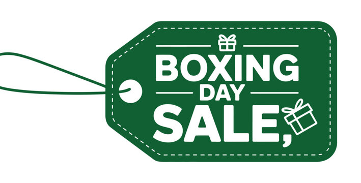 Green boxing day sale tag with festive gift icons and string