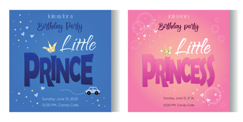 set of cards Prince and Princess Digital Birthday Party Invitations Editable Template