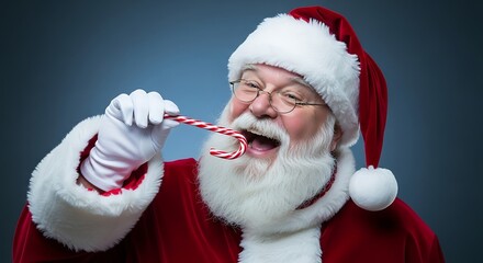 A joyful Santa Claus with a white beard and glasses happily eating a striped candy cane.