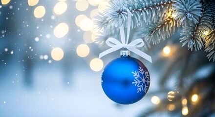 Blue christmas ornament hanging on a snowy pine branch with bokeh lights