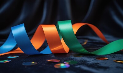 Three colorful ribbons, blue, orange, and green, curve across a dark background speckled with iridescent confetti