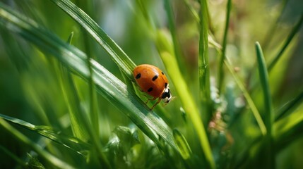 A ladybug is sitting on a green leaf. The ladybug is red and black. The leaf is green and has a few brown spots